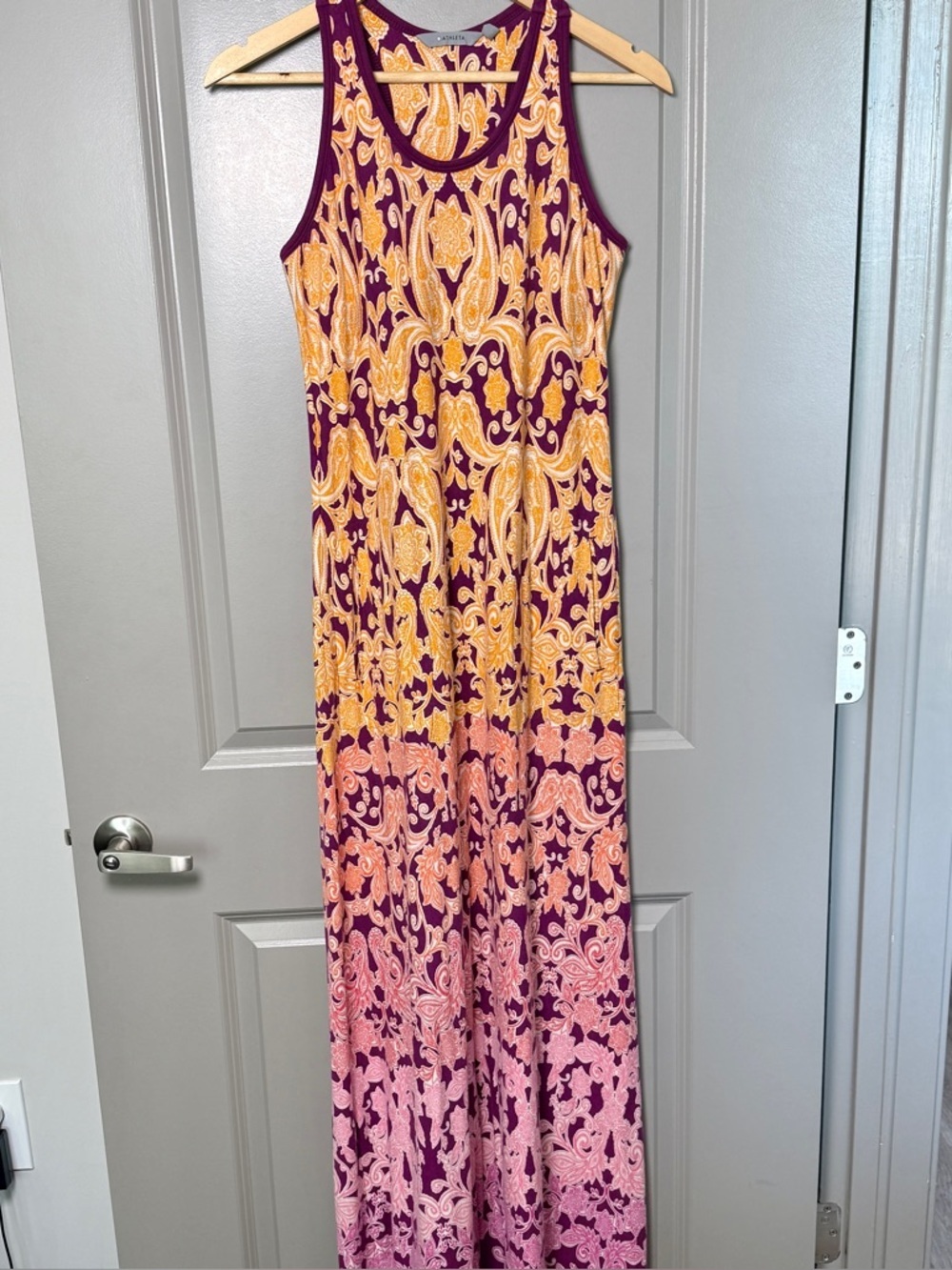 Athleta Paisley Ombre Racerback Maxi Cotton Blend Dress — Purple/Orange/Pink XS